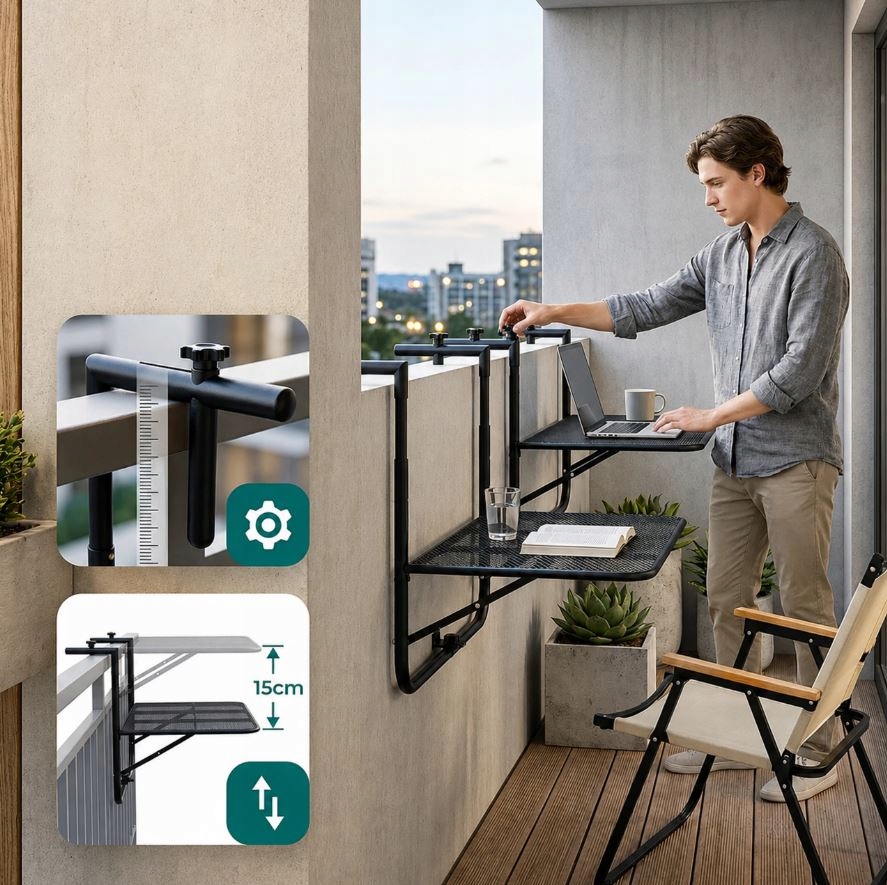 STOLIK BALKONOWY SKŁADANY WISZĄCY STÓŁ NA BALKON TARAS REGULOWANY 30KG
