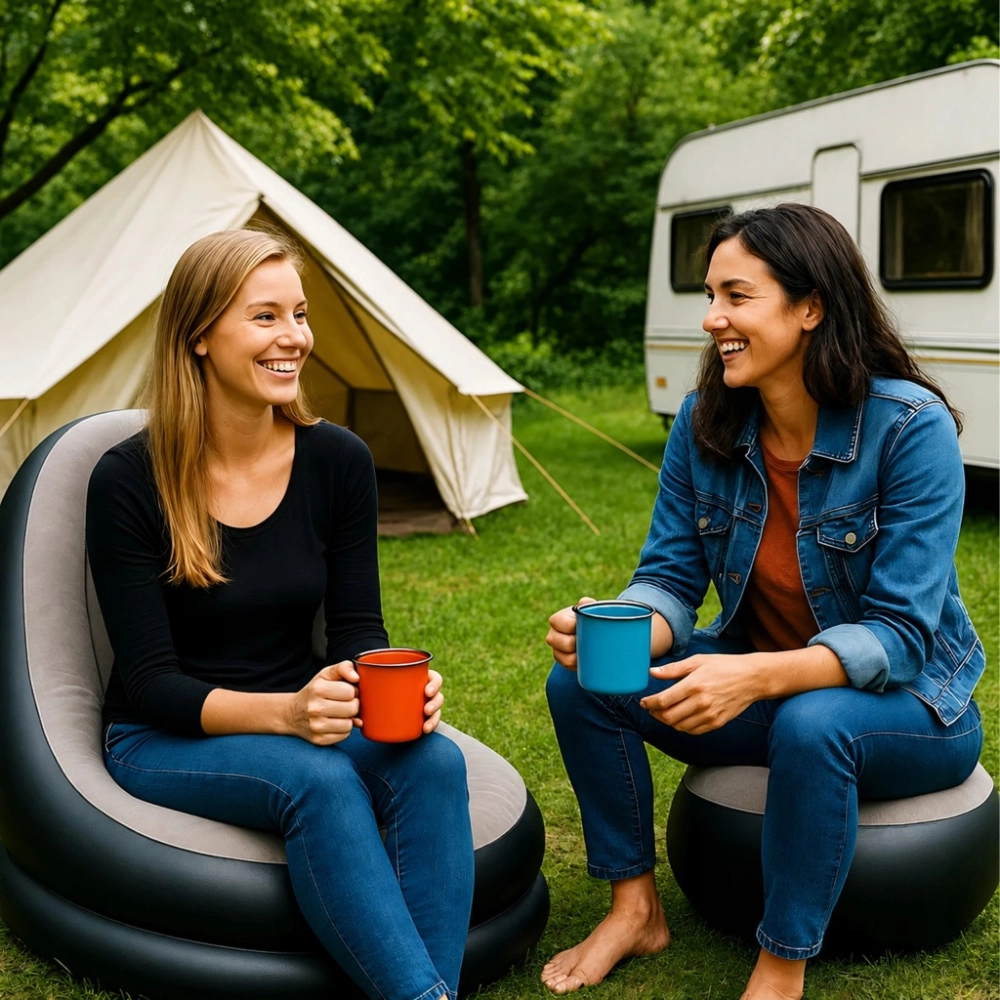 FOTEL LEŻAK OGRODOWY PLAŻOWY DMUCHANY NA PLAŻĘ KAMPING Z PODNÓŻKIEM BEŻOWY