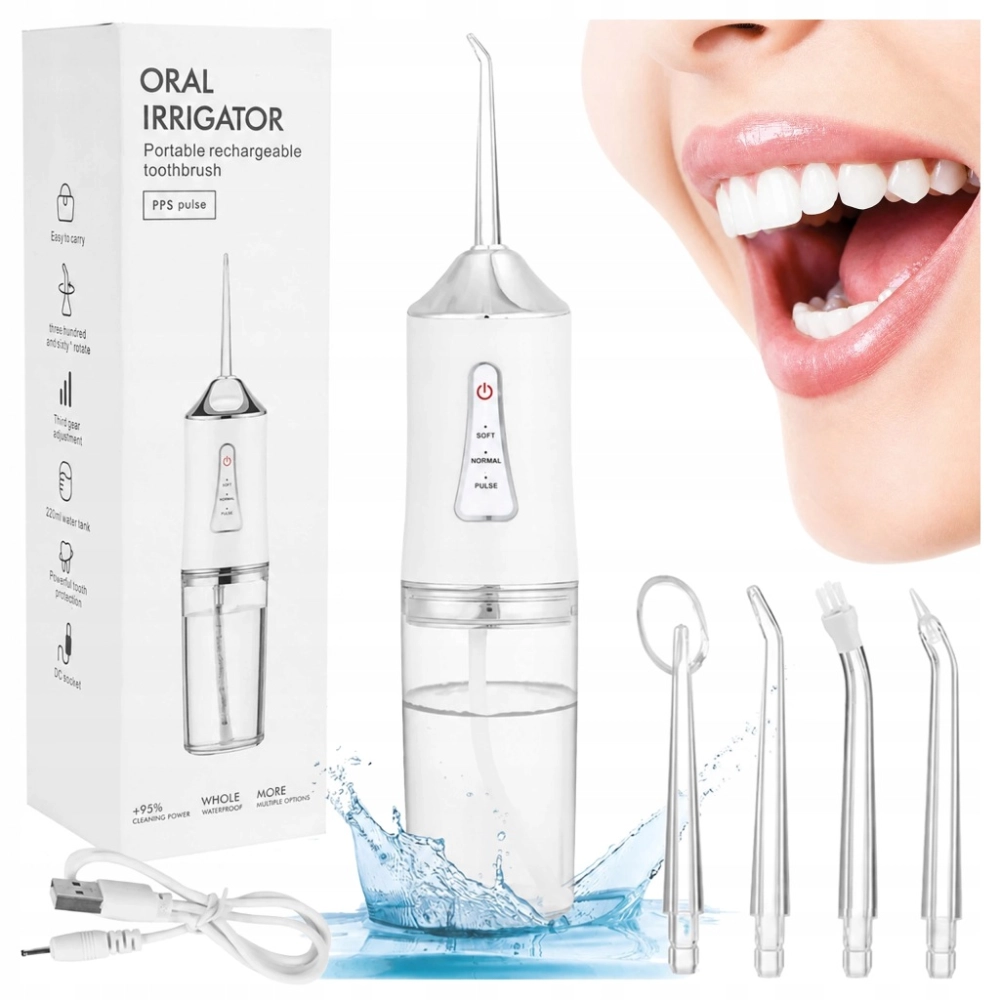 IRYGATOR DO ZĘBÓW BEZPRZEWODOWY DENTYSTYCZNY MOCNY 4 DYSZE 3 TRYBY 230 ML