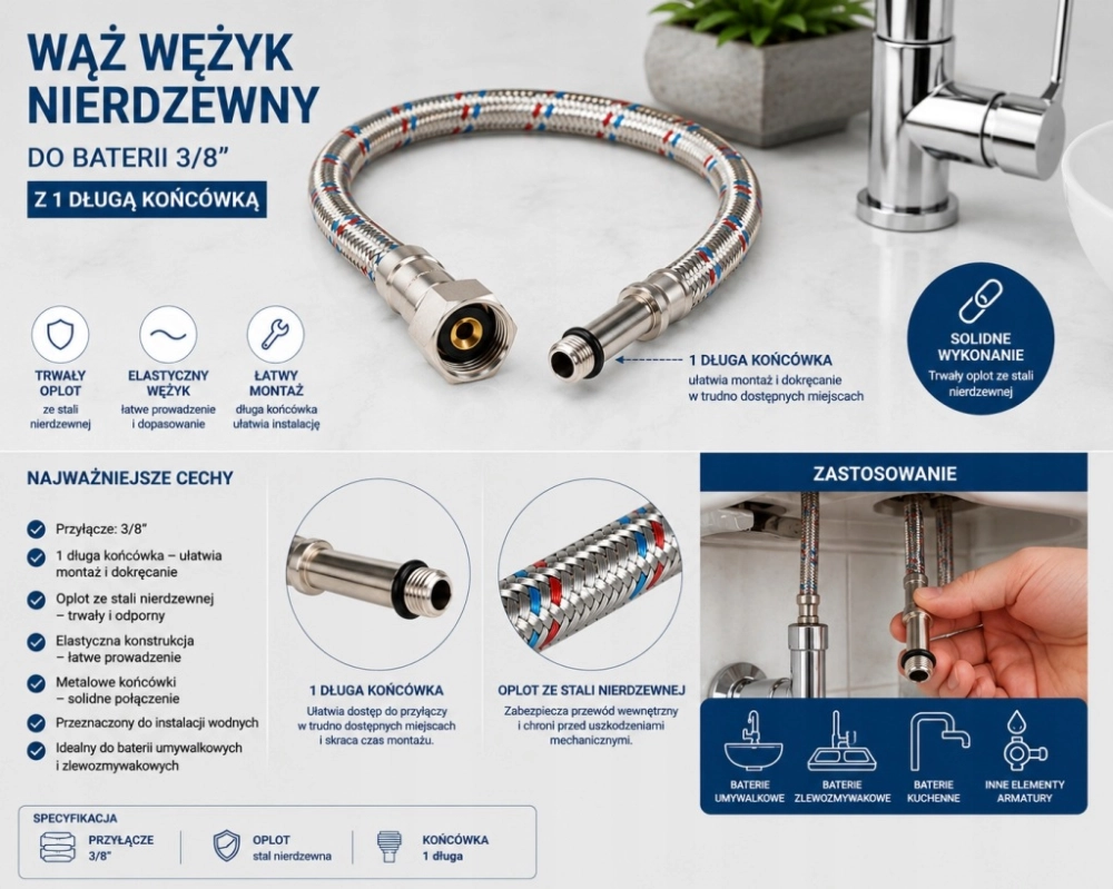 WĄŻ WĘŻYK NIERDZEWNY DO BATERII 3/8 Z DŁUGĄ KOŃCÓWKĄ 40 cm W OPLOCIE