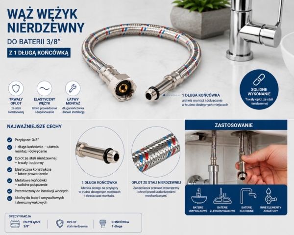 WĄŻ WĘŻYK NIERDZEWNY DO BATERII 3/8 Z DŁUGĄ KOŃCÓWKĄ 40 cm W OPLOCIE
