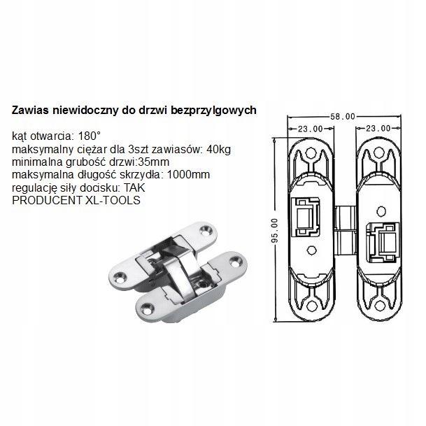 ZAWIAS WPUSZCZANY NIEWIDOCZNY 23x95mm PRAWY CHROMOWANY DO DRZWI