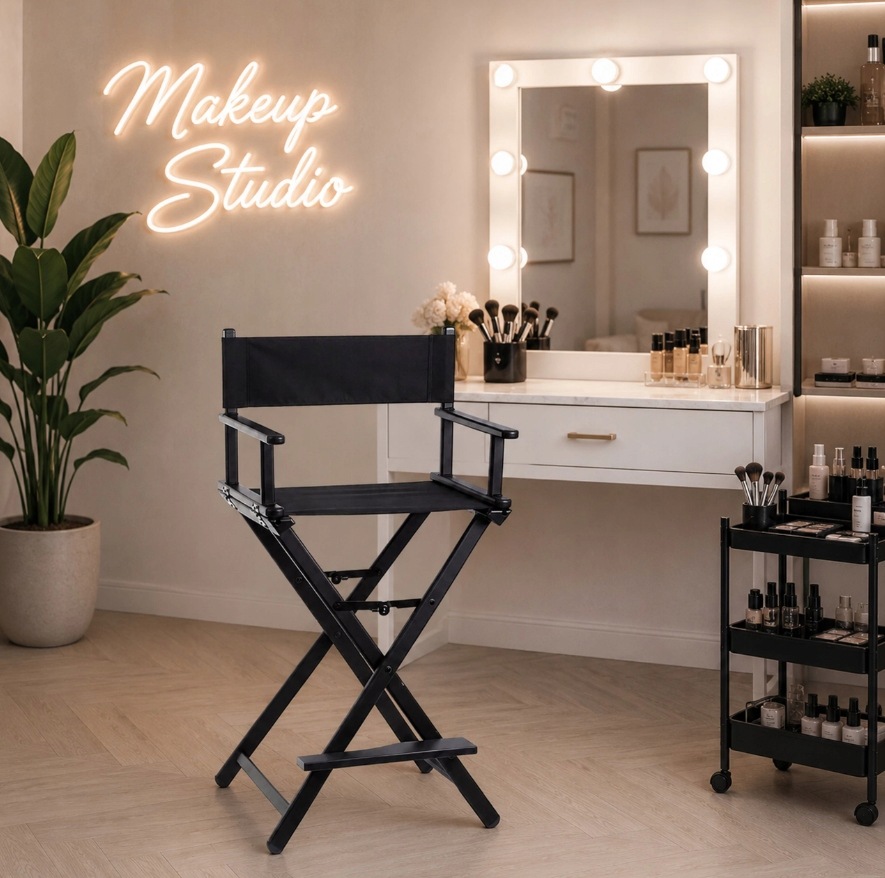 KRZESŁO DO MAKIJAŻU ALUMINIOWE KOSMETYCZNE REŻYSERSKIE MAKE-UP SKŁADANE