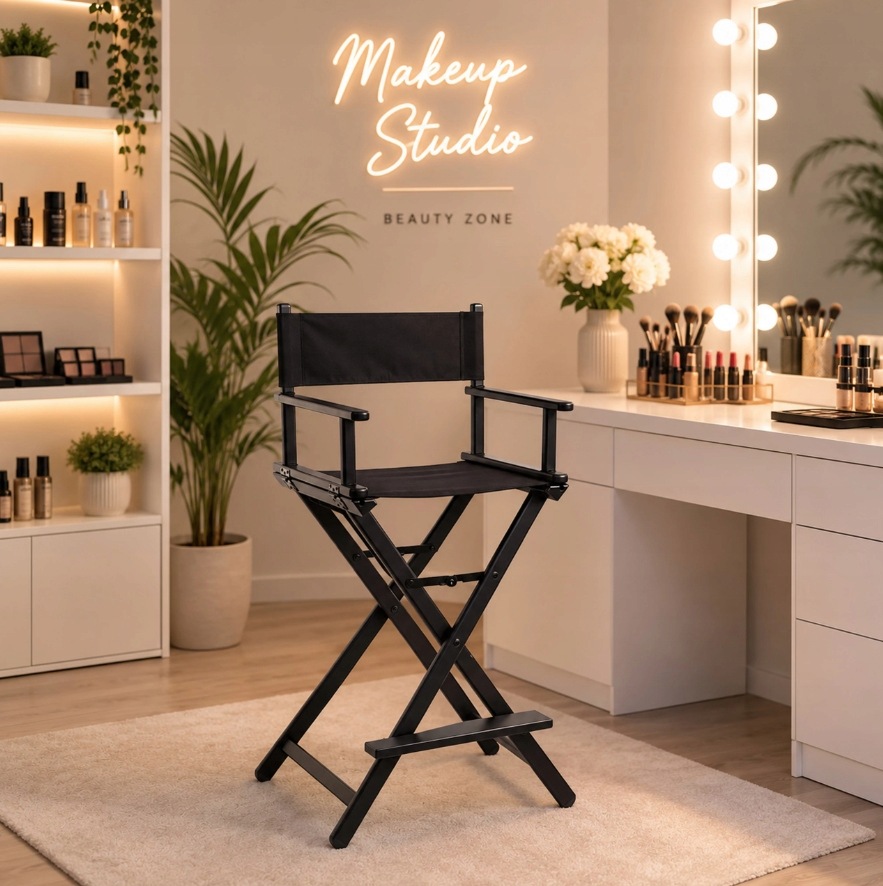 KRZESŁO DO MAKIJAŻU ALUMINIOWE KOSMETYCZNE REŻYSERSKIE MAKE-UP SKŁADANE