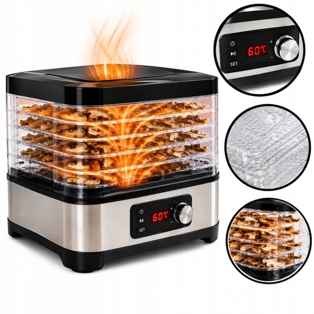 SUSZARKA DO GRZYBÓW OWOCÓW SPOŻYWCZA REGULACJA TEMPERATURY TIMER 500W 6 SIT