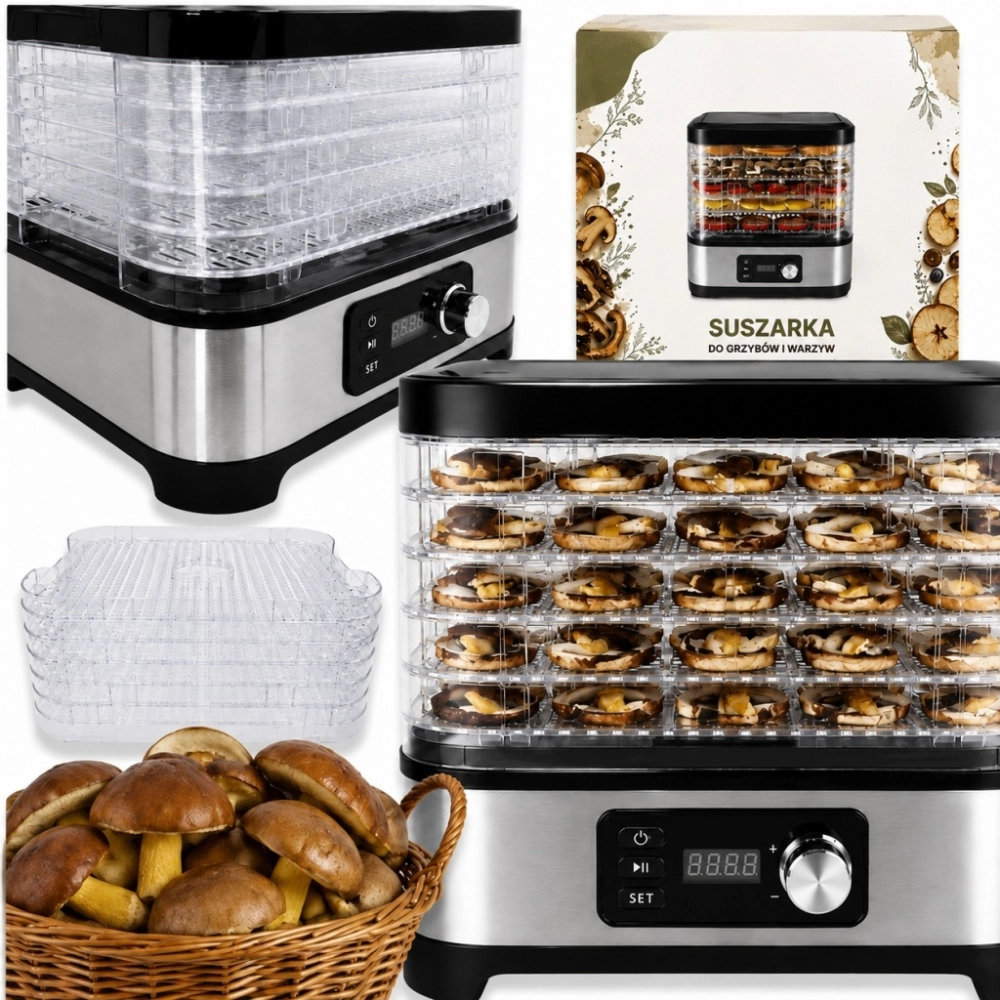 SUSZARKA DO GRZYBÓW OWOCÓW SPOŻYWCZA REGULACJA TEMPERATURY TIMER 500W 6 SIT
