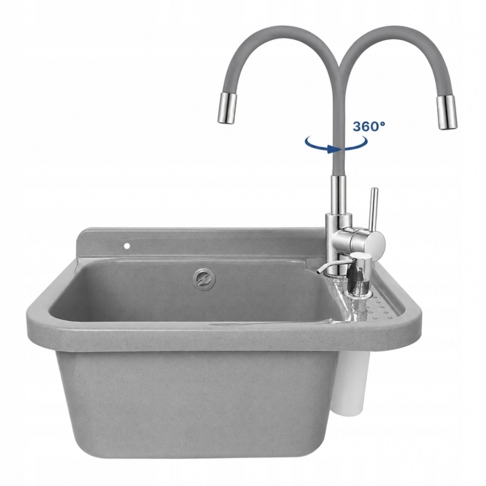 ZLEW KOMORA GOSPODARCZA 60 cm KOMPLET BATERIA ELASTYCZNA SZARA DOZOWNIK