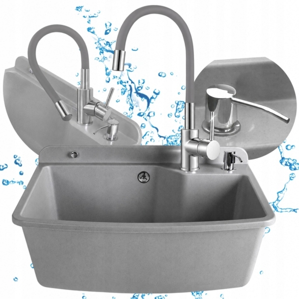 ZESTAW GOSPODARCZY UMYWALKA 60 cm BATERIA ELASTYCZNA SZARA DOZOWNIK NA PŁYN