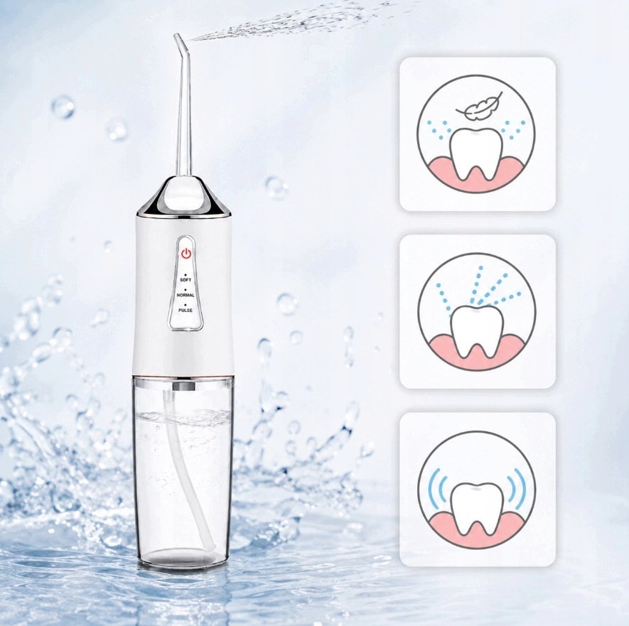 IRYGATOR DO ZĘBÓW DENTYSTYCZNY BEZPRZEWODOWY 4 KOŃCÓWKI 3 TRYBY 230 ml USB