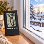 TERMOMETR ELEKTRYCZNY 6 FUNKCYJNY ZEGAR TEMPERATURA KALENDARZ CZARNY