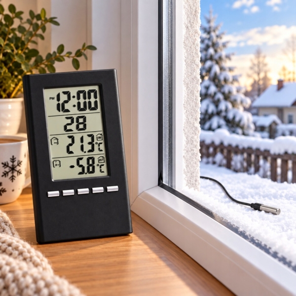 TERMOMETR ELEKTRYCZNY 6 FUNKCYJNY ZEGAR TEMPERATURA KALENDARZ CZARNY