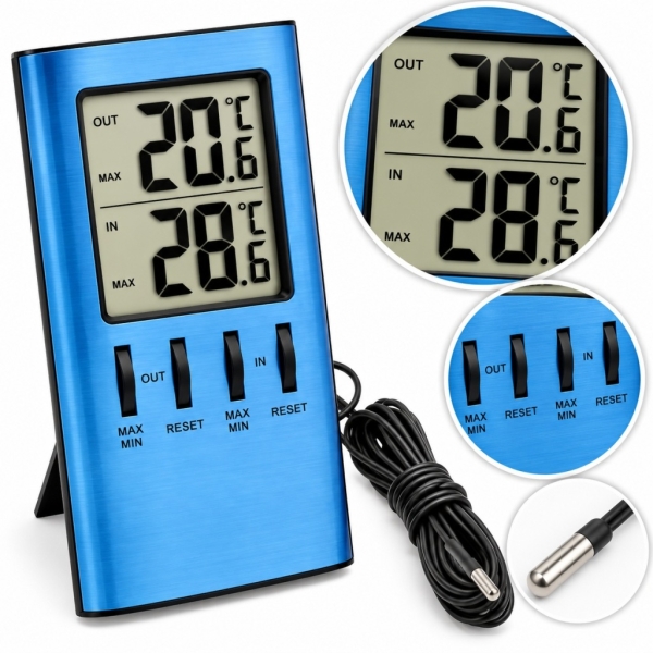 TERMOMETR ELEKTRYCZNY 2 FUNKCYJNY TEMPERATURA IN OUT PRZEWÓD 3 m