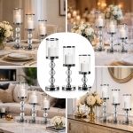 ŚWIECZNIK ŚWIECZNIKI SZKLANE METALOWE SREBRNE LAMPION GLAMOUR ZESTAW 3 SZT