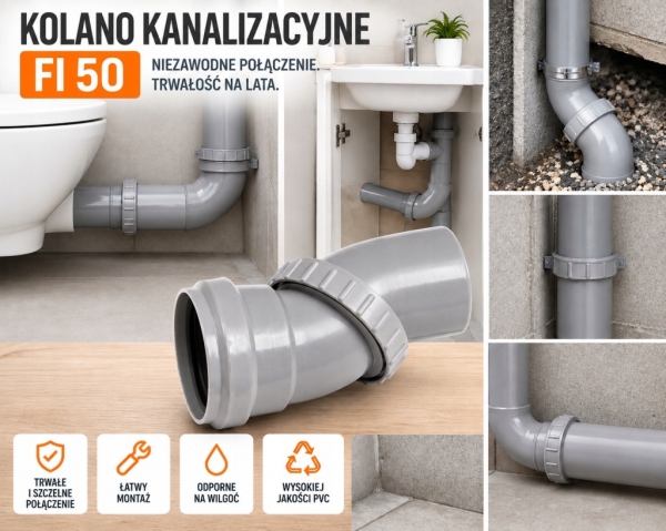 KOLANO KANALIZACYJNE UNIWERSALNE DO RUR FI 50 PLASTIKOWE REGULOWANE SZARE