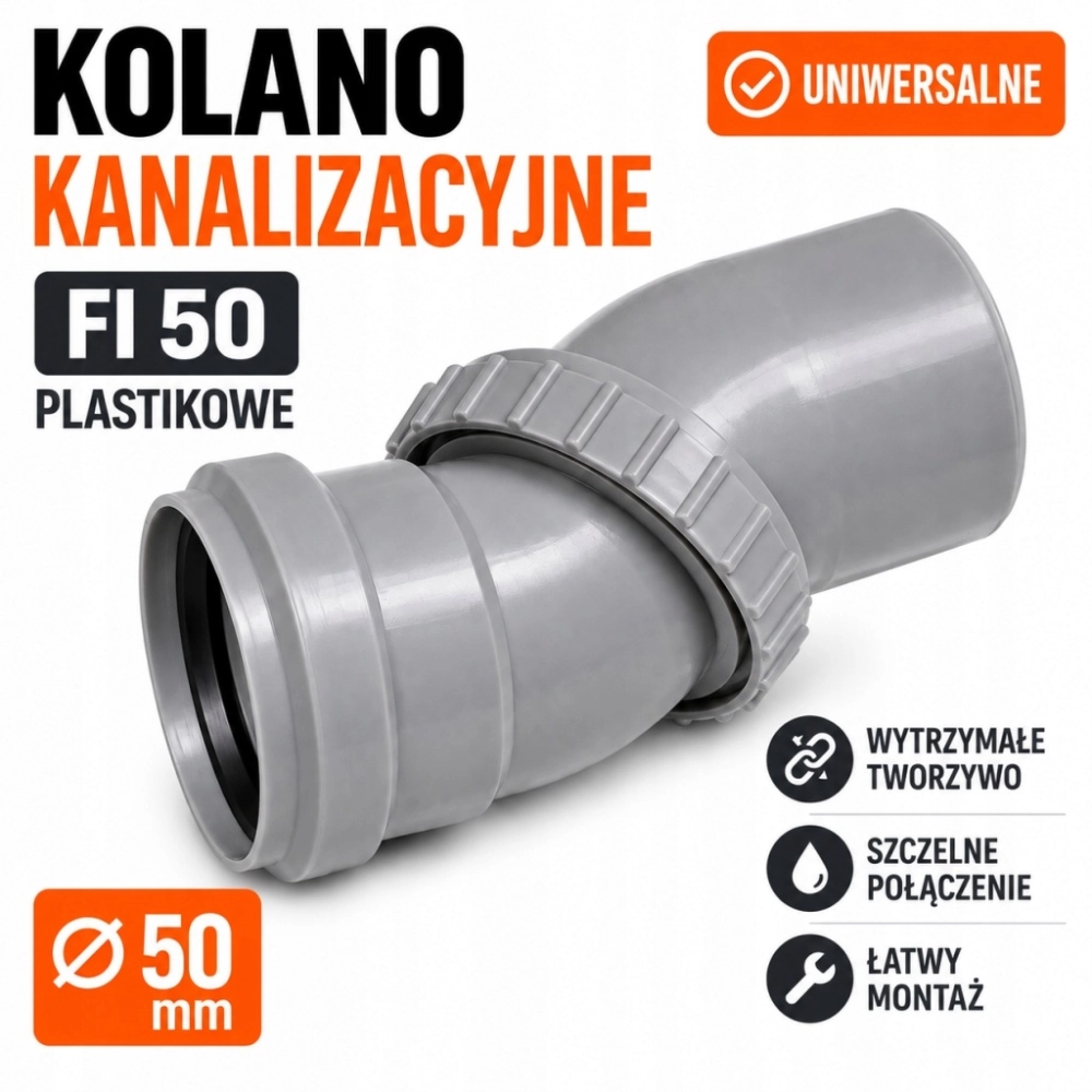 KOLANO KANALIZACYJNE UNIWERSALNE DO RUR FI 50 PLASTIKOWE REGULOWANE SZARE