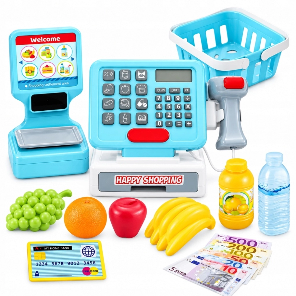 KASA SKLEPOWA FISKALNA ZABAWKOWA INTERAKTYWNA SKANER KOSZYK WAGA ZESTAW XXL