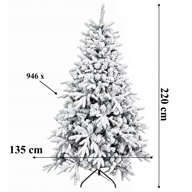 CHOINKA MOCNO OŚNIEŻONA SZTUCZNA ŚWIERK GĘSTA ŻYWA STOJAK 220CM PREMIUM