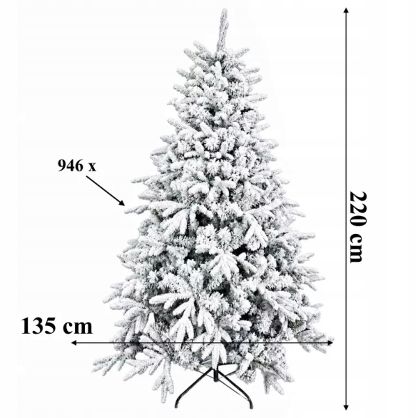 CHOINKA MOCNO OŚNIEŻONA SZTUCZNA ŚWIERK GĘSTA ŻYWA STOJAK 220CM PREMIUM