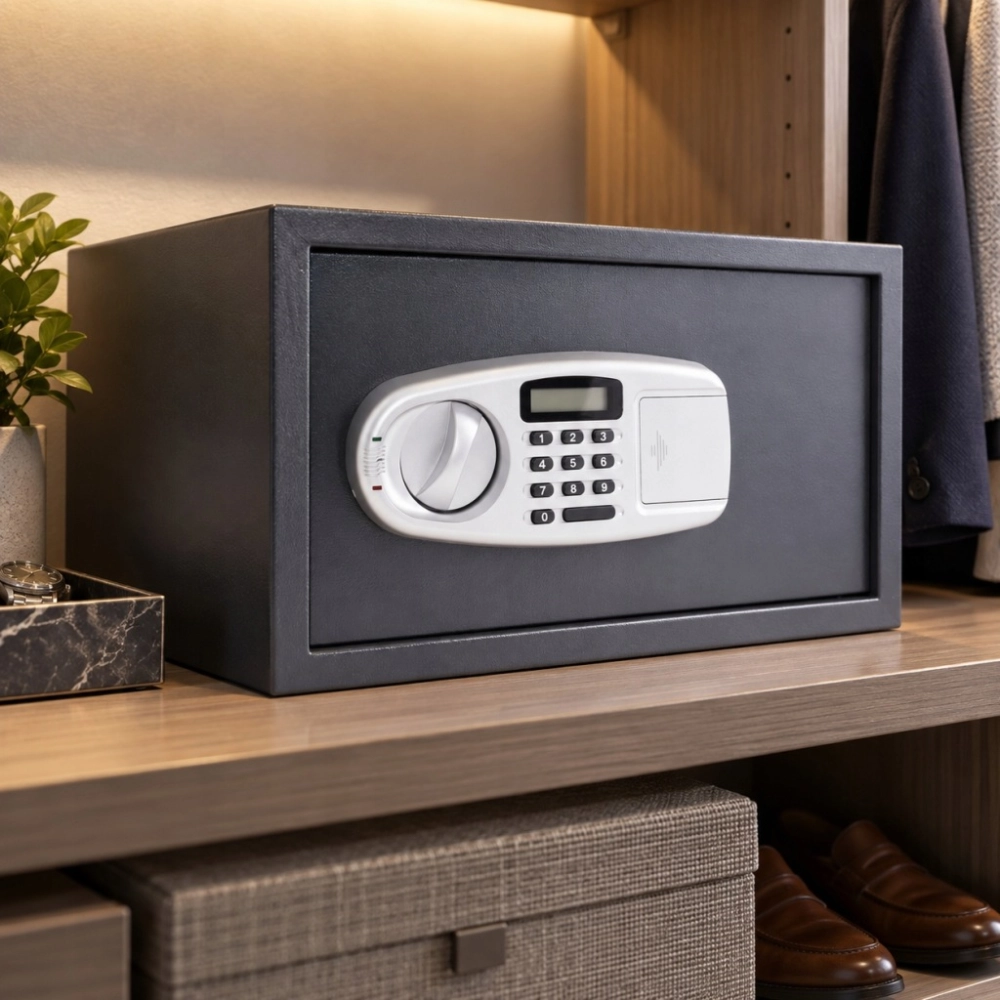 SEJF ELEKTRONICZNY STALOWY Z PÓŁKĄ NA KOD KLUCZ AWARYJNY DOM BIURO