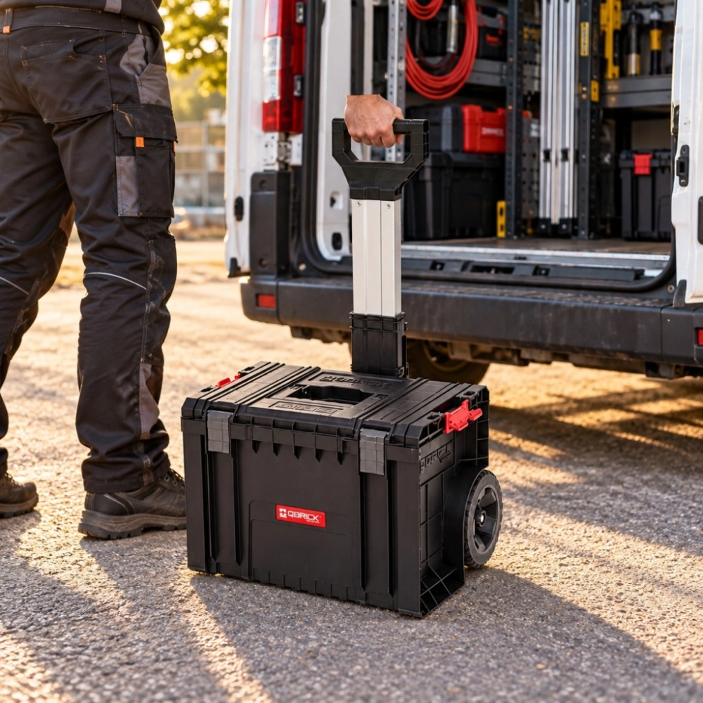 SKRZYNIA NARZĘDZIOWA QBRICK PRO CART 28 L NA KOŁACH UCHWYT TELESKOPOWY