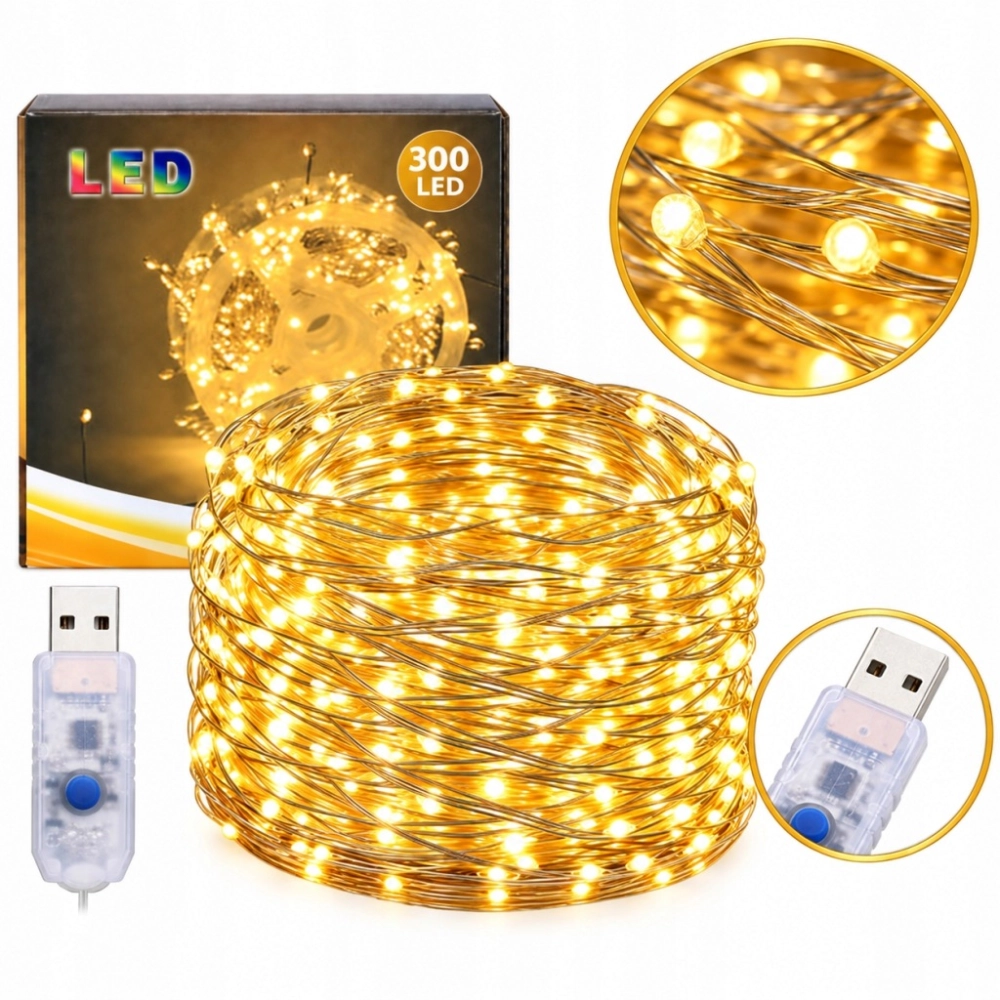 LAMPKI CHOINKOWE DRUCIKI 300 LED DIODY DEKORACJA ŚWIĄTECZNA ŚWIATEŁKA 9 M