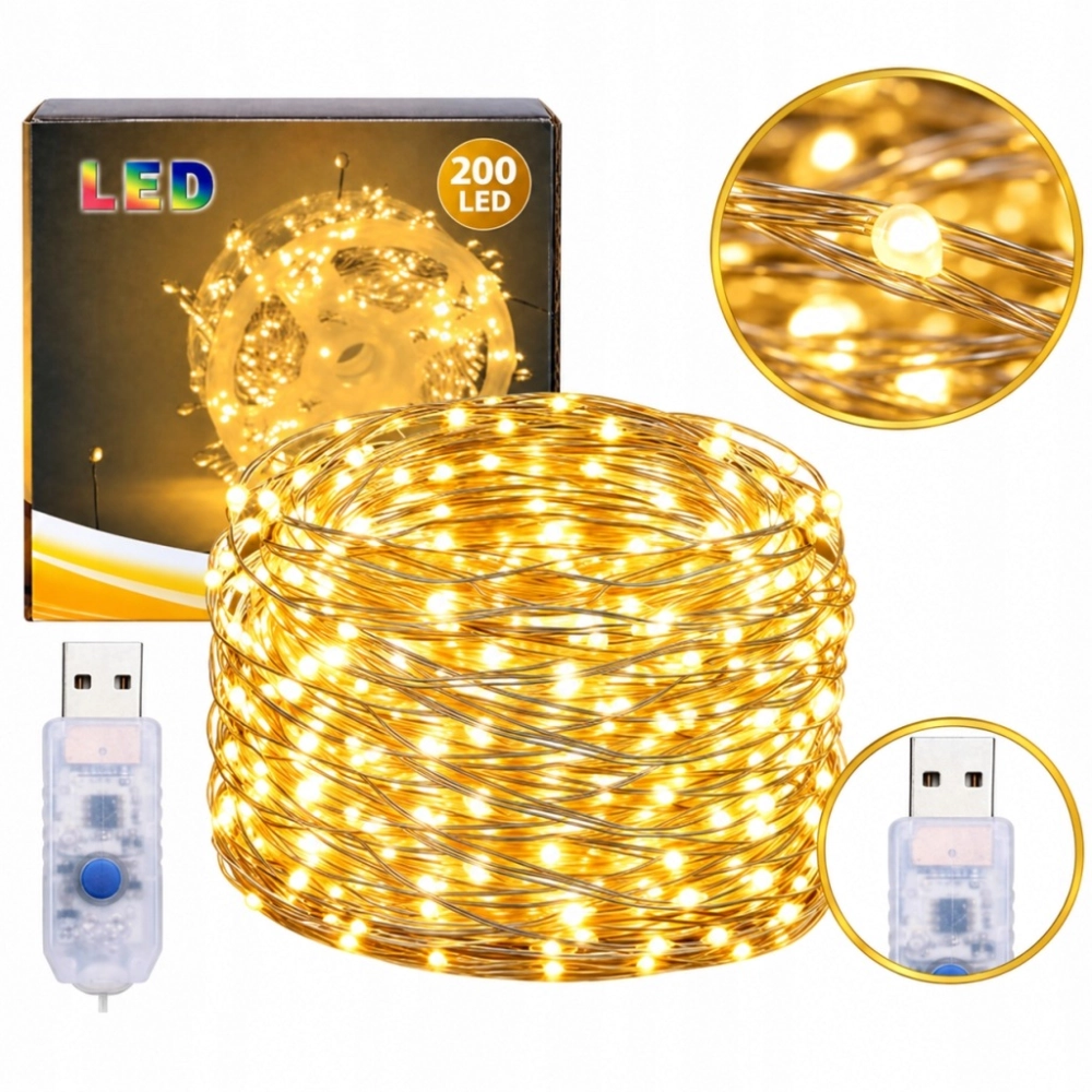 LAMPKI CHOINKOWE DRUCIKI 200 LED DIODY DEKORACJA ŚWIĄTECZNA ŚWIATEŁKA 6 M