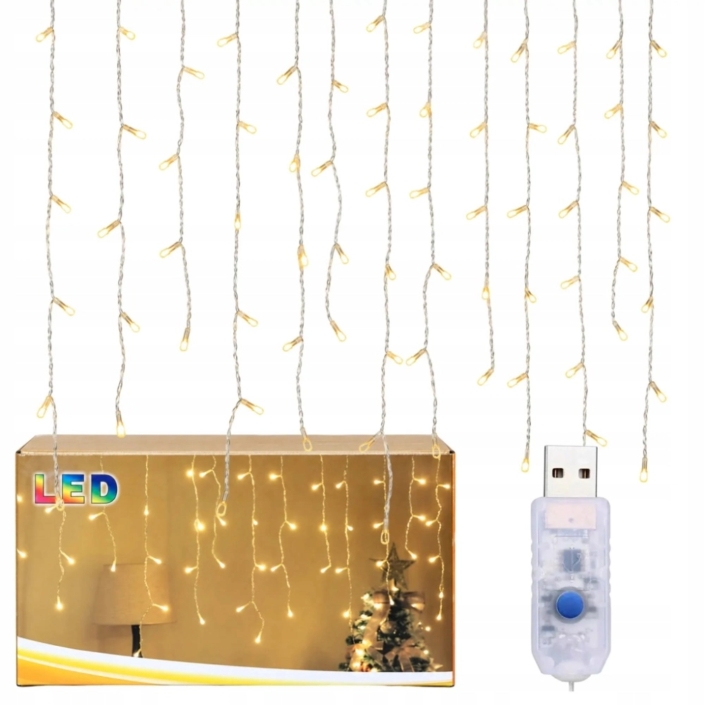 KURTYNA ŚWIETLNA LAMPKI CHOINKOWE SOPLE 96 LED BIAŁA CIEPŁA USB 3,5 M