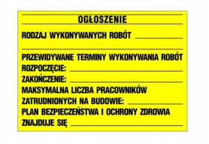 TABLICA INFORMACYJNA BUDOWLANA BIOZ OGŁOSZENIE PCV