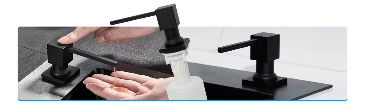 Uniwersalny kwadratowy dozownik do płynu do naczyń lub mydła z pompką o pojemności 400 ml - CZARNY mat - do zlewu lub umywalki.