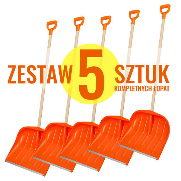 Zestaw 5 sztuk - Łopata do do śniegu kompletna - POMARAŃCZOWA - łopata do odśnieżania z drewnianym stylem